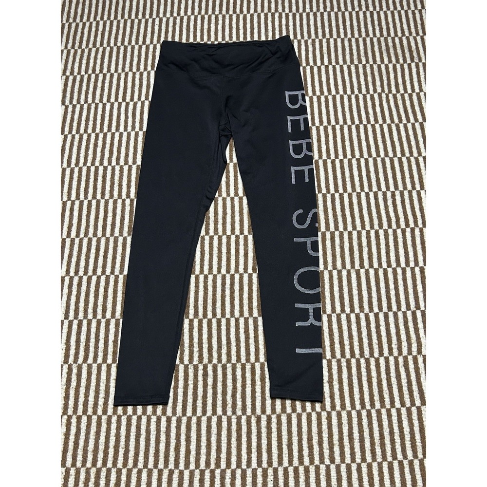 Bebe Sport Womens M Black White Logo Leggings Athletic Stretch Yoga Pants